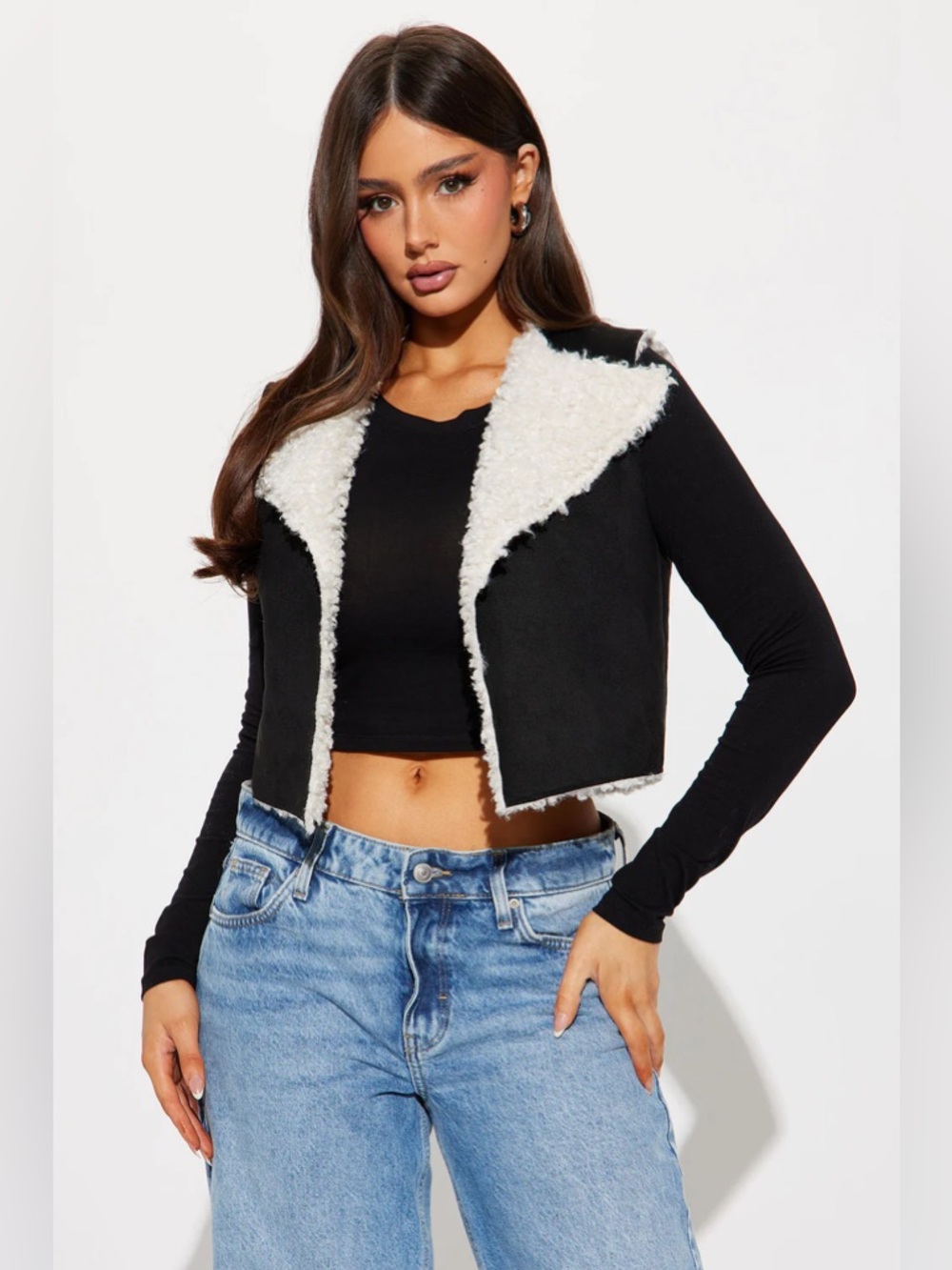 Fashion Nova Cropped Black Vest with White Sherpa Trim